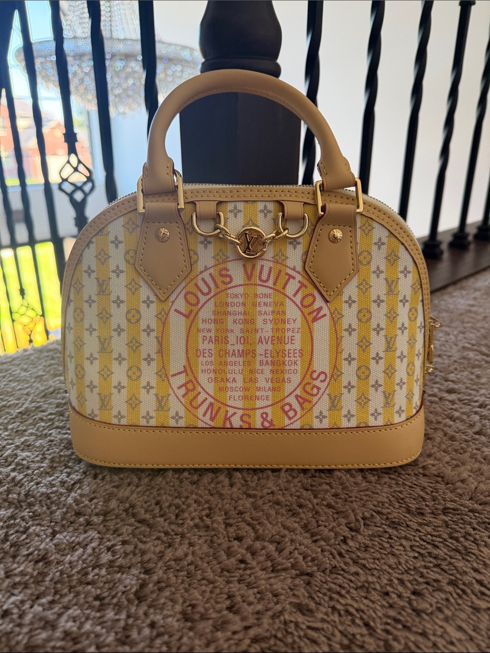 LV Yellow & Beige Alma Satchel with Pink Logo Stamp